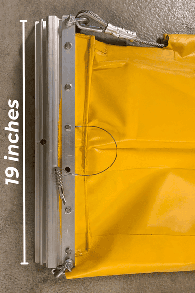 19 in. Oil Fence Boom with Top Tension Cable and Connector 19-inch Oil Fence Boom with yellow PVC fabric, aluminum connector, top tension cable, and locking hardware for oil spill containment.