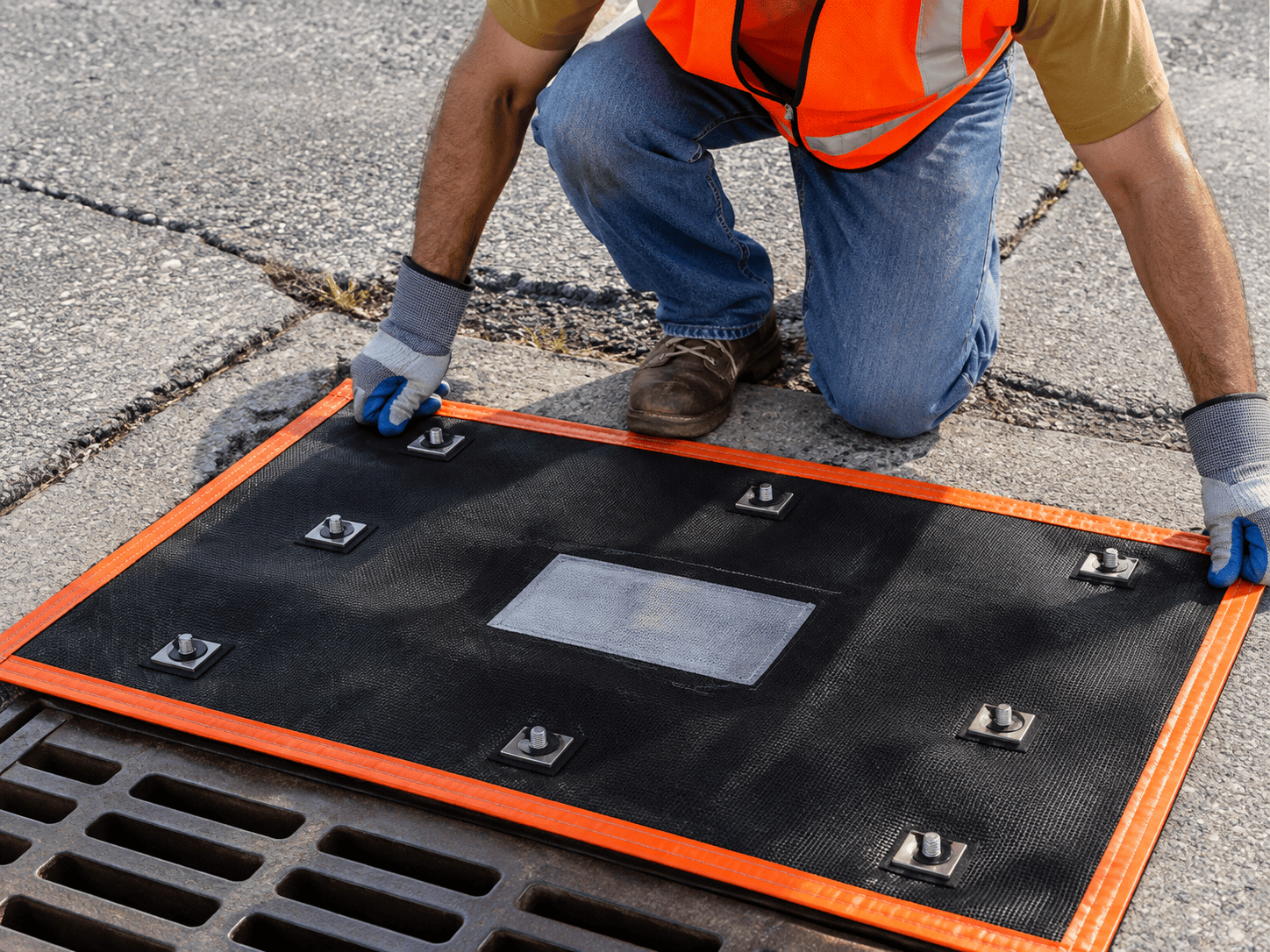 Over-the-Grate Storm Drain Filter Installation for Stormwater BMPs Worker installing an over-the-grate storm drain inlet protection filter with orange perimeter edging to help capture sediment, debris, and pollutants from stormwater runoff.