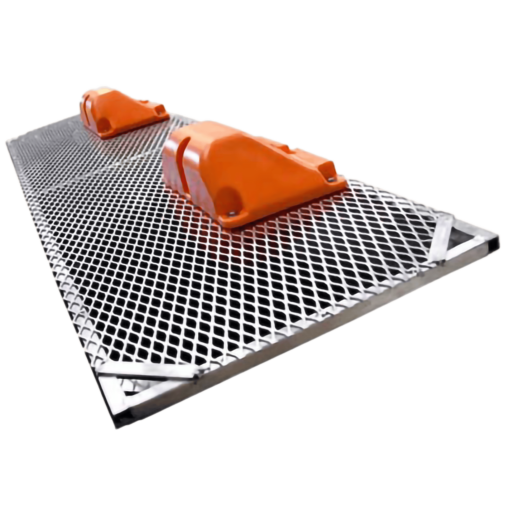 Steel Mesh Floating Debris Boom with Orange Flotation Steel mesh floating debris boom section with orange flotation units designed to capture trash, vegetation, and floating debris in waterways.